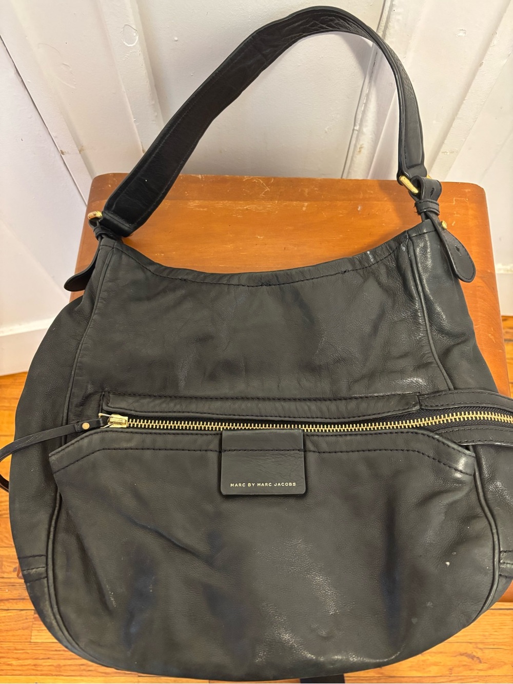 Marc by Marc Jacobs Black Leather Hobo Shoulder Bag with Gold Hardware